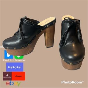 JUST FAB WOODEN WESTAN PLATFORM MULE 5 INCH LEATHER HEEL